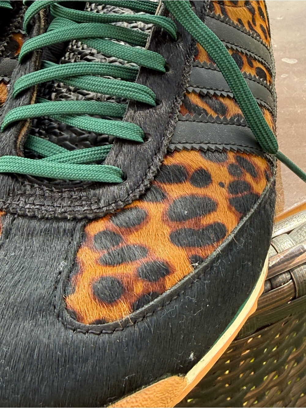 adidas Leopard Print Sneakers with Black Panels and Green Laces